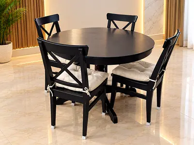 Modern Black Round Dining Set with 4 Chairs and Cushions