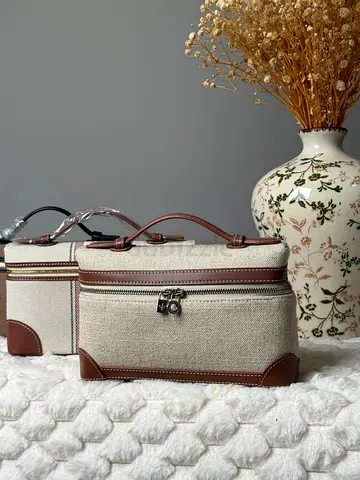 Beige Canvas Toiletry / Travel Organizer Bag with Leather Trim (Set of 2)