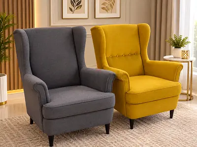 Pair of Wingback Armchairs in Grey and Yellow