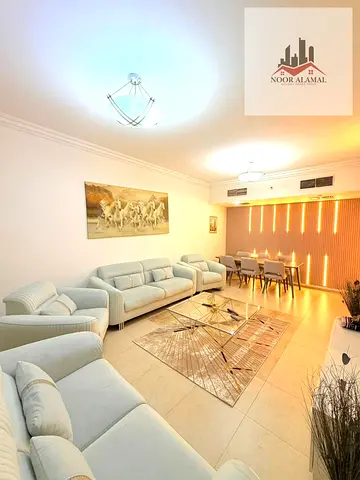 Sharjah, Al Taawun: Super deluxe furnished apartment (second-time occupancy). It features two bedrooms, a living room, a kitchen, and three bathrooms;