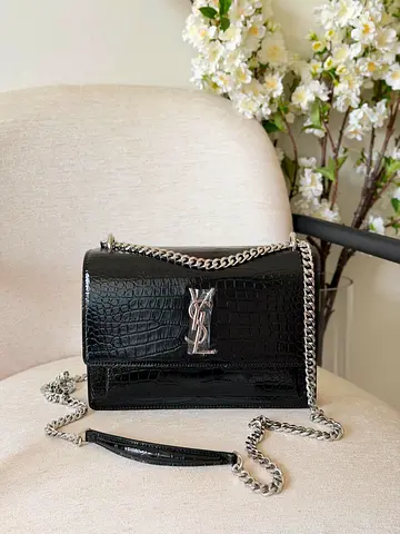 YSL Small Monogram Kate Croc-Embossed Black Shoulder Bag with Chain