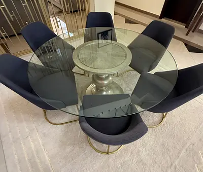 Round glass dining table with tempered glass- rustic look