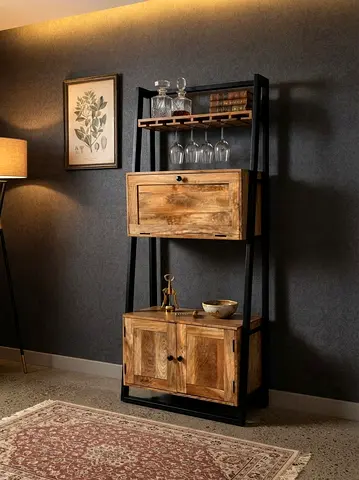Solid Wood Ladder Bar Cabinet with Wine Glass Rack and Storage
