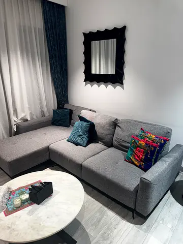 Grey L-shaped Fabric Sofa Corner Couch - Good Condition