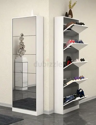 Slim White Shoe Cabinet with Mirror — 6-Tier Tilt Storage