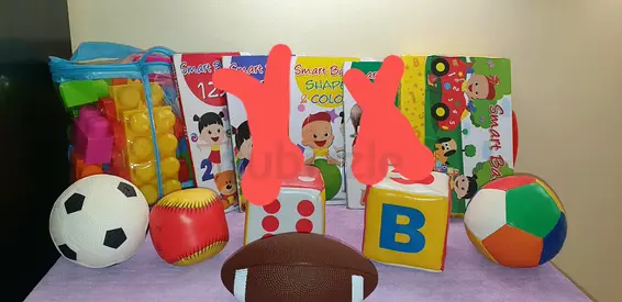Mixed set of preschool toys: shape/color books, block trains,wooden puzzle(free balls)