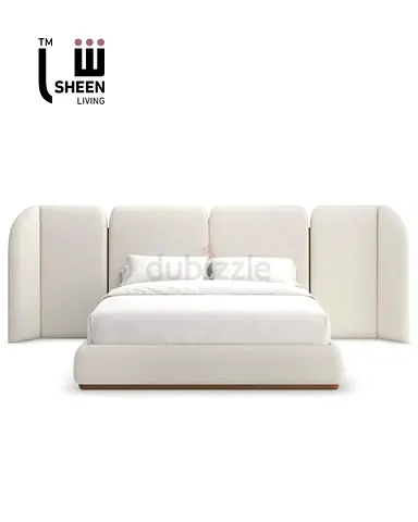 Modern upholstered king-size bed with wide panel headboard