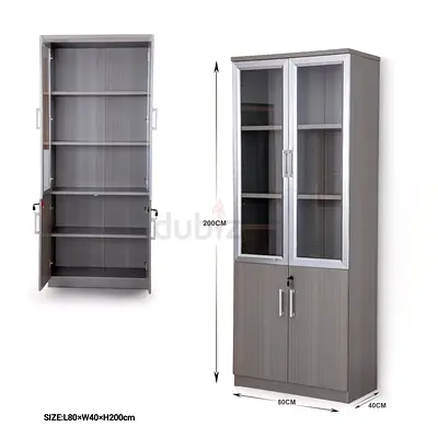 Tall Grey Office Storage Cabinet with Glass Doors - 200cm