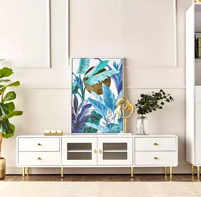 White modern low TV cabinet with gold legs and storage