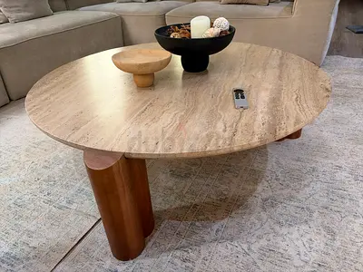 Round Travertine Top Coffee Table with Wooden Legs