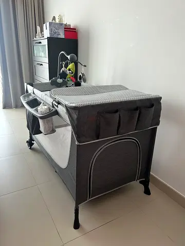 Gray Portable Baby Playpen / Travel Cot with Changing Station