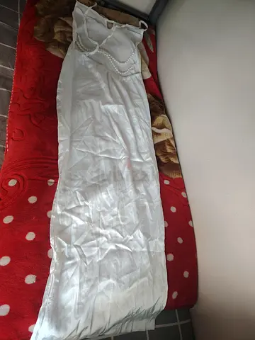 White satin long dress with pearl detailing, size unknown