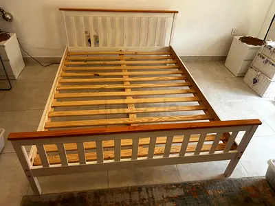 Solid Wood Double Bed Frame - White & Natural Finish
