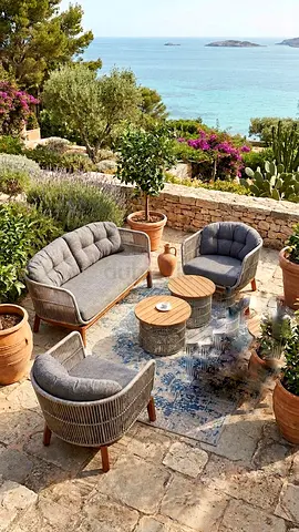 Outdoor rattan-style  patio lounge set with cushions