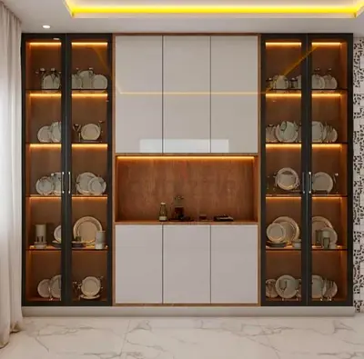 Modern Dining Room Cabinet with Integrated Lighting and Glass Display