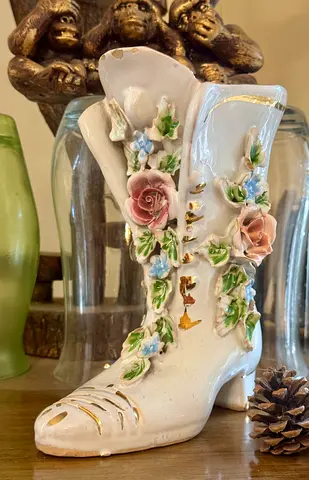 Vintage Porcelain Floral High-Heel Boot Vase with Gold Trim