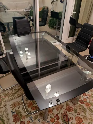 Glass Top Dining Table with 4 Black Leather Chairs