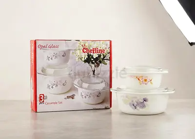 3-piece Opal Glass Casserole / Serving Bowls with Lids - Floral Design