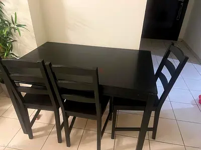 IKEA Solid Black Wooden Dining Table with 4 Matching Chairs - Good Condition