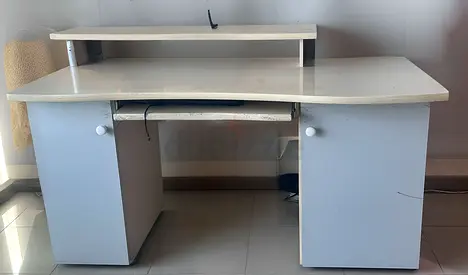 White L-shaped Office Desk with Storage Cabinets and Keyboard Tray