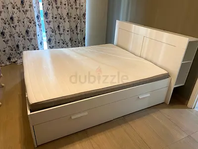White wooden double bed frame with headboard and mattress (used)