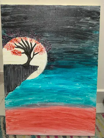 Original Acrylic Painting — Tree on Cliff at Moonlit Seascape