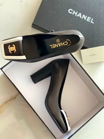 Chanel Black Leather Block Heel Pumps with CC Logo, Size (please confirm)