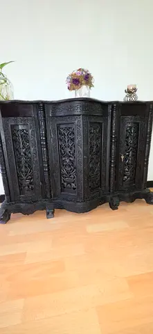 Solid Dark Wood Carved Sideboard / Console Cabinet - Handcrafted Design