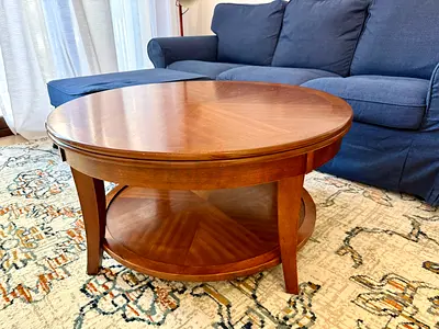 Solid Wood Round Coffee Table with Lower Shelf and Secret Compartment - Mint Condition