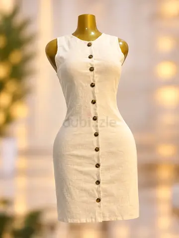 Beige sleeveless button-front linen dress, size approx M