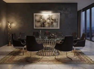 CAVALLI ITALIA Modern glass dining table with 8 black chairs
