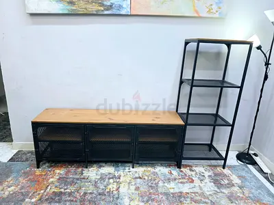 Industrial Metal and Wood TV Unit with Matching Shelving - Set of 2