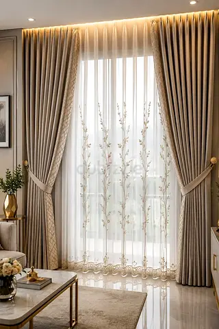 Elegant Beige Living Room Curtains with Floral Sheer Panel