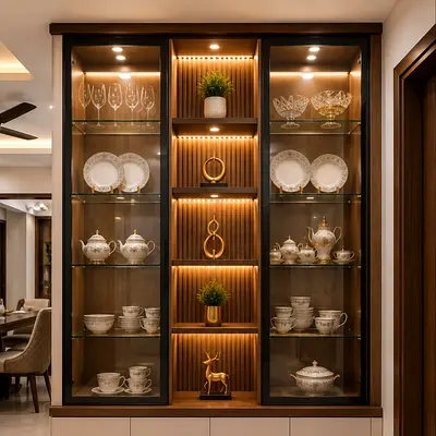 Modern Wooden Display Cabinet with Glass Shelves and LED Lighting