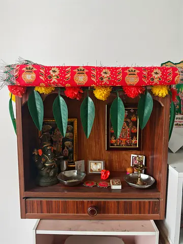 Wooden Pooja Mandir Shrine with Drawer - Wall-mounted Small Temple