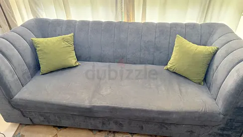 Blue Grey Fabric Sofa with Green Cushions