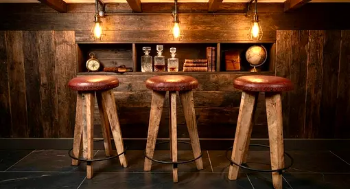 Marina Timothy Oulton Set of 3 Rustic Wooden Bar Stools with Leather Seats