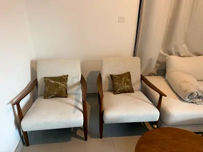 Pair of light beige mid-century wooden armchairs — excellent condition