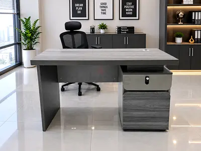 Brand New Gray Modern Office Desk with Lockable Drawer and Mobile Pedestal