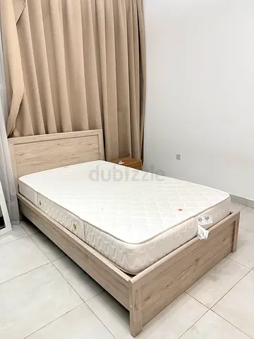 Queen size bed frame with mattress - light wood, good condition