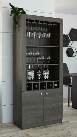Tall wooden wine cabinet with glass rack and storage - grey oak finish