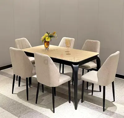 Modern 6-Seater Dining Table with Upholstered Chairs - Light Wood Top