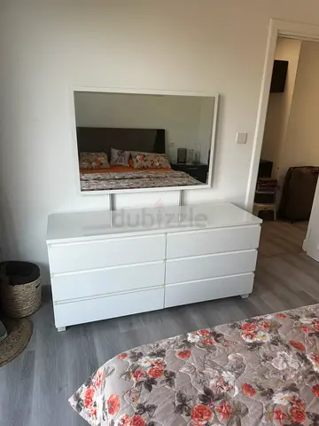 Bedset with side tables and White 6-Drawer Dresser with Mirror - Good Condition