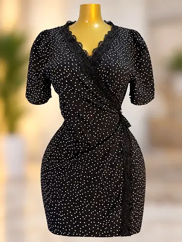 Black Polka Dot Wrap Dress with Lace Trim - Size Unknown