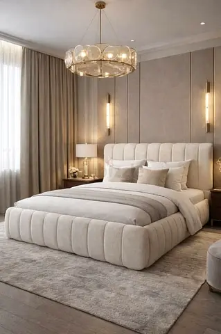 Modern Beige Upholstered Bed Frame with Headboard