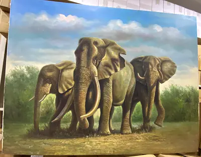 Original Oil Painting of Three Elephants on Canvas-122cm height