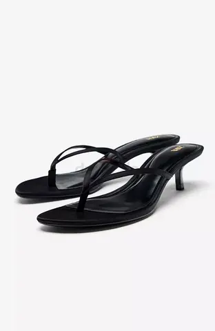 Black satin kitten heel sandals, size 39