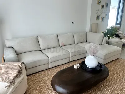 Beige / Natrual L-shaped 4-seater fabric sofa with chaise (comfortable, perfect condition)