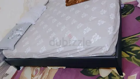 King size black faux leather bed frame with mattress (used)