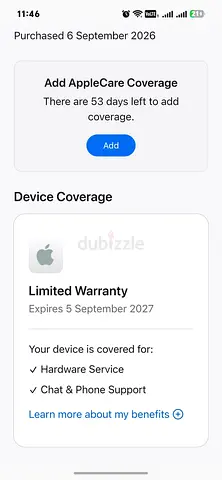 Apple watch series 11 46mm wifi with ce(Purchased Sep 6, 2026) with Active Limited Warranty - 1 Year